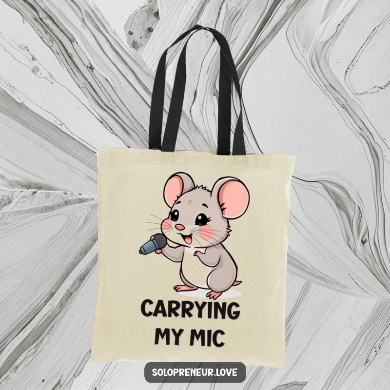 Funny Hopeful Mouse Microphone Tote Bag showing a small mouse cheering with a tiny microphone, for carrying essentials.
