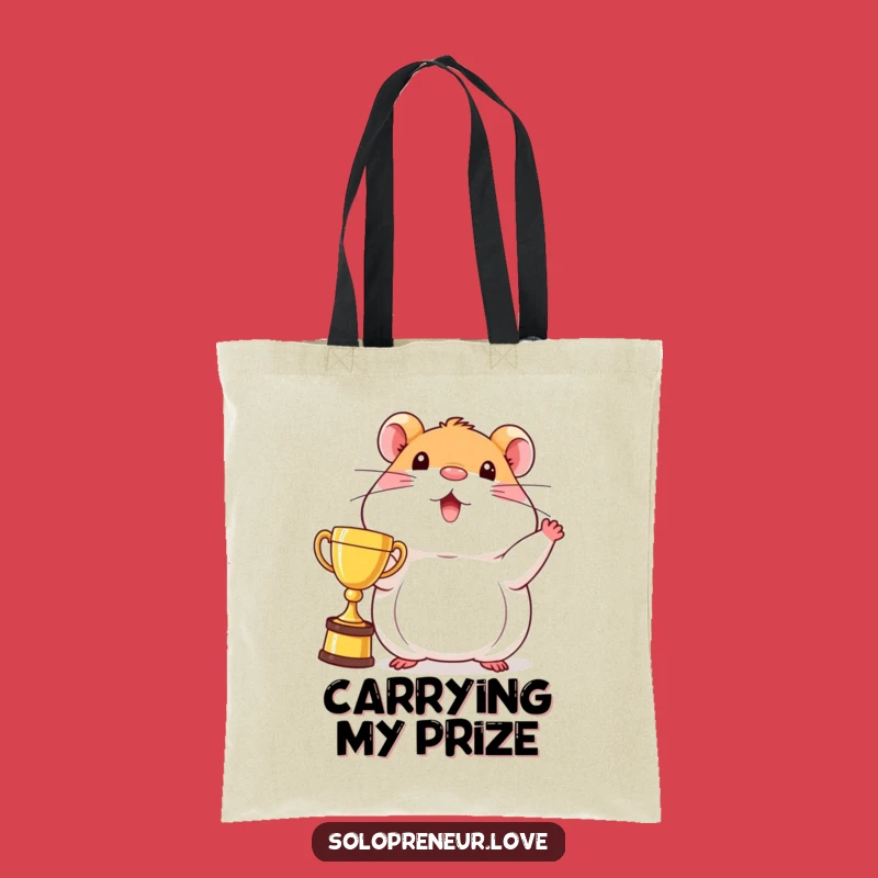 Funny Hamster Trophy Tote Bag: Beaming Champion Character - Carry Your Success with Style