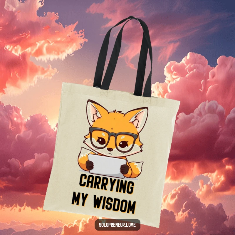 Funny tote bag showing a fox in glasses diligently using a tablet, perfect for carrying books and tech gear.