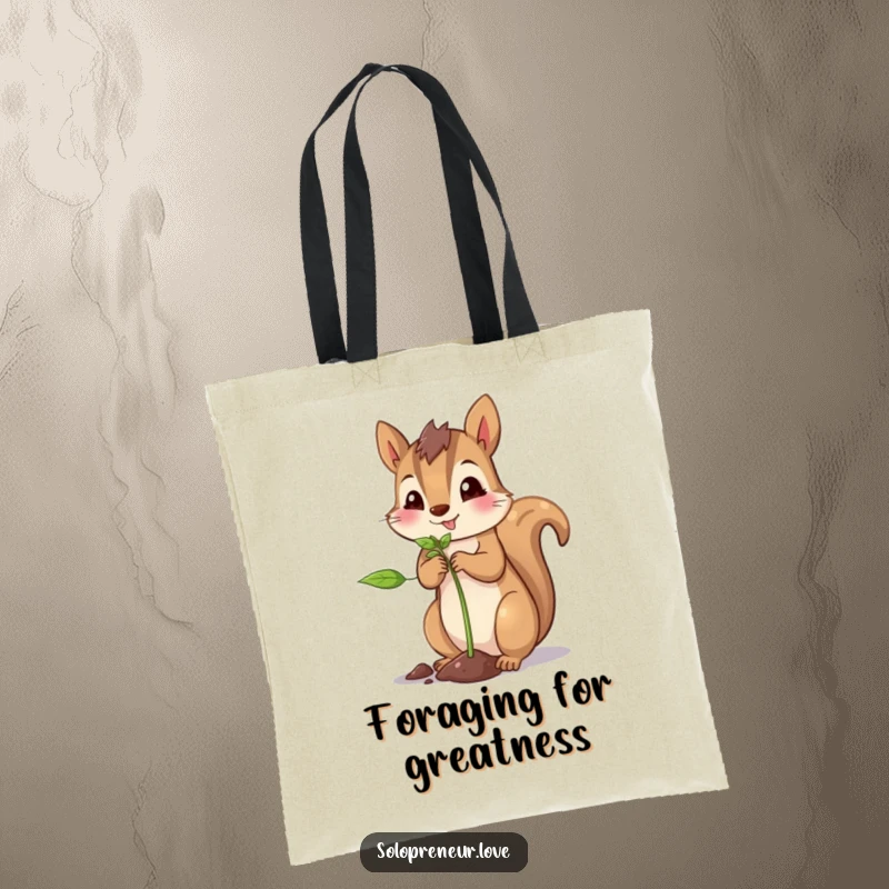 Funny squirrel planting tote bag depicting a proud squirrel carefully placing a small sprout into the earth.