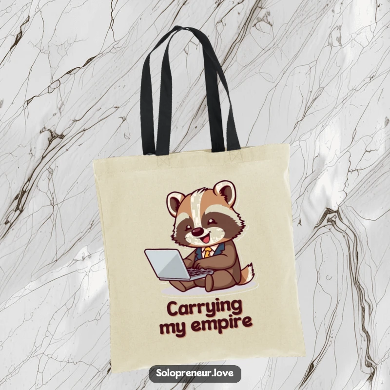 Funny badger business tote bag showcasing a tiny badger in a suit typing joyfully on a laptop, perfect for office tasks.