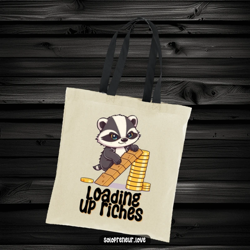 Funny Tote Bag: A determined badger frowning, climbing a ladder of coins in pursuit of wealth and success.