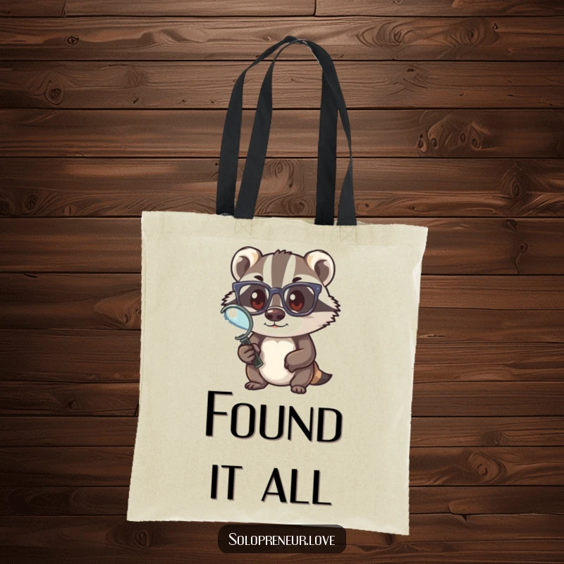 Funny badger explorer tote bag, badger with glasses and magnifying glass, ready for adventure, a practical and funny gift.