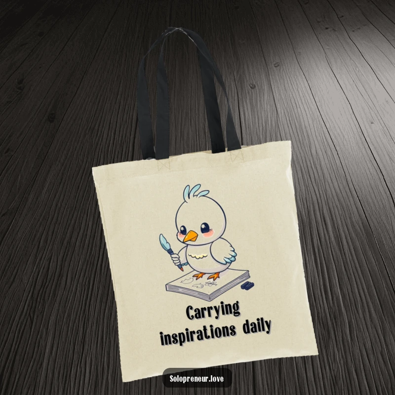 Funny bird tote bag showcasing a creative character sketching with a feather pen, perfect for carrying art supplies with humor.