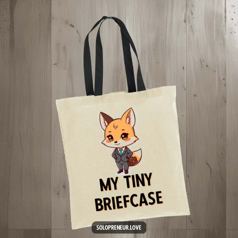 Funny tote bag with a small fox character in a tiny suit, holding a briefcase, ready for business.
