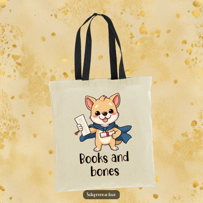 Funny tote bag featuring a confident dog posing heroically with a diploma, ideal for carrying essentials with academic pride.