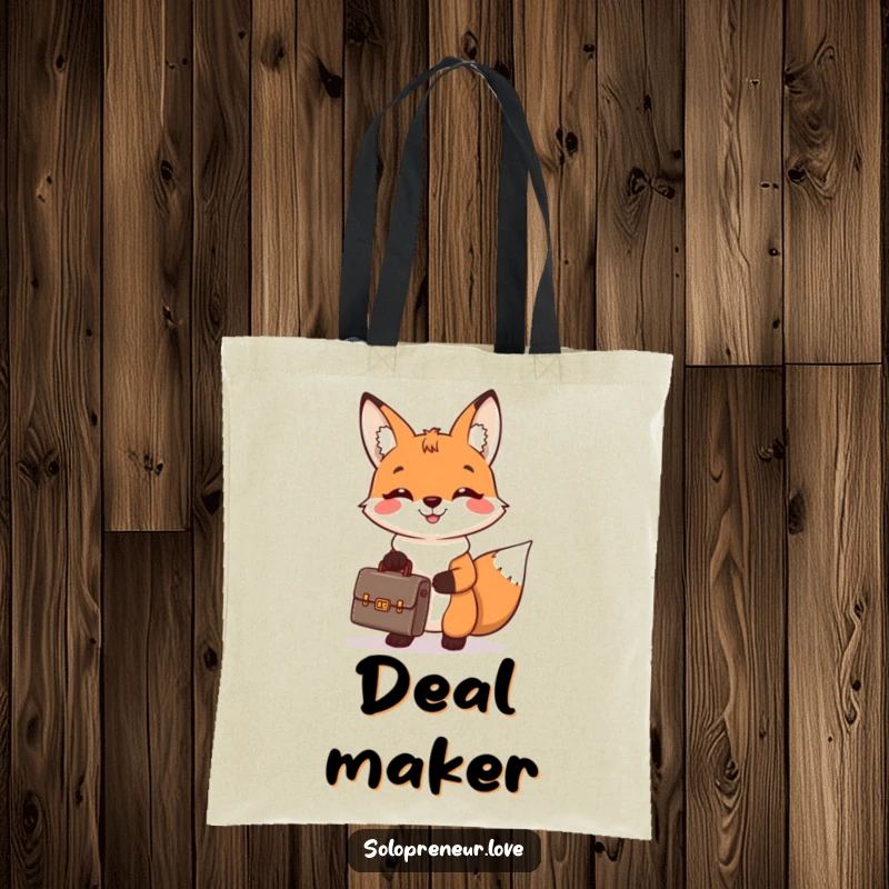 Funny tote bag showcasing a cheerful fox holding a tiny briefcase and smiling broadly, perfect for carrying items with business charm.