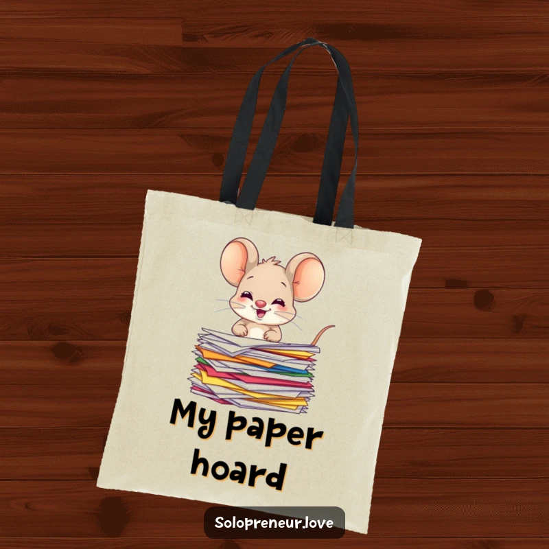 Funny giggling mouse tote bag featuring a character organizing colorful papers, perfect for carrying essentials with cheerful efficiency.
