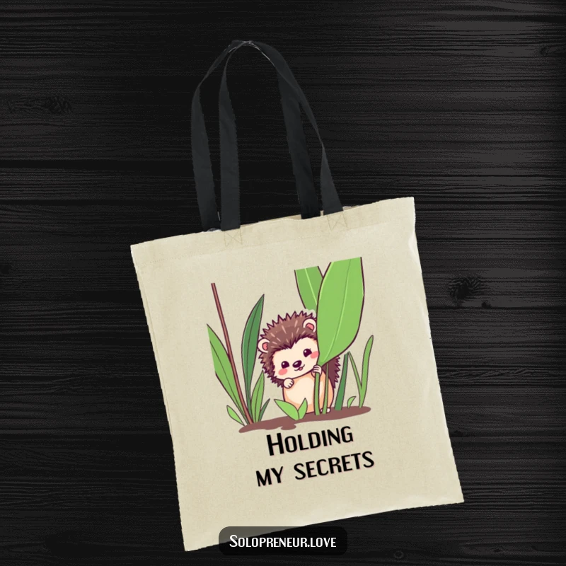 Funny hedgehog garden tote bag, a hedgehog peeking from a plant design, practical and charming, a lovely funny gift.