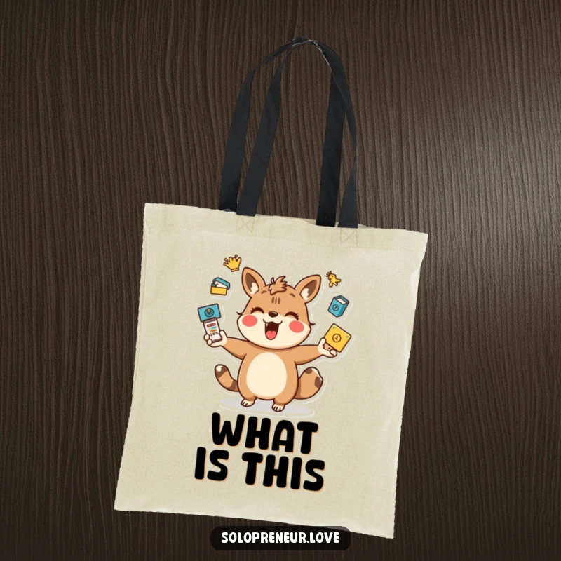 Funny juggling animal tote bag with a playful character energetically tossing task icons, perfect for carrying essentials humorously.