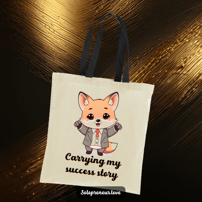 Funny Kawaii Fox dressed in a business suit, carrying a briefcase, celebrating success, printed on a tote bag.