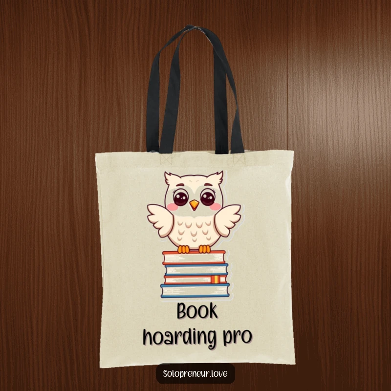 Funny tote bag with a happy owl character resting on a stack of books, perfect for carrying books and essentials with a smile.
