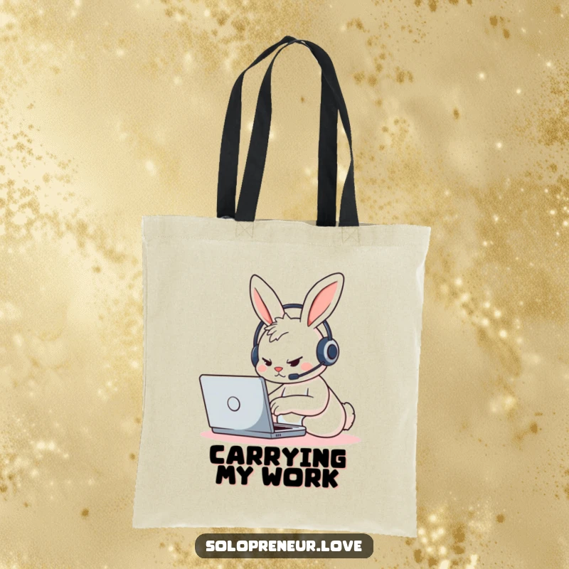Funny determined rabbit wearing a headset, typing furiously on a laptop, printed on a durable and stylish tote bag.