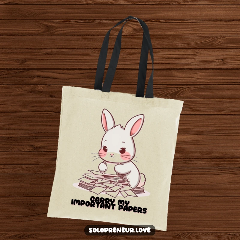 Funny tote bag featuring a determined rabbit organizing papers, ideal for carrying groceries or essentials with a humorous, relatable office theme.