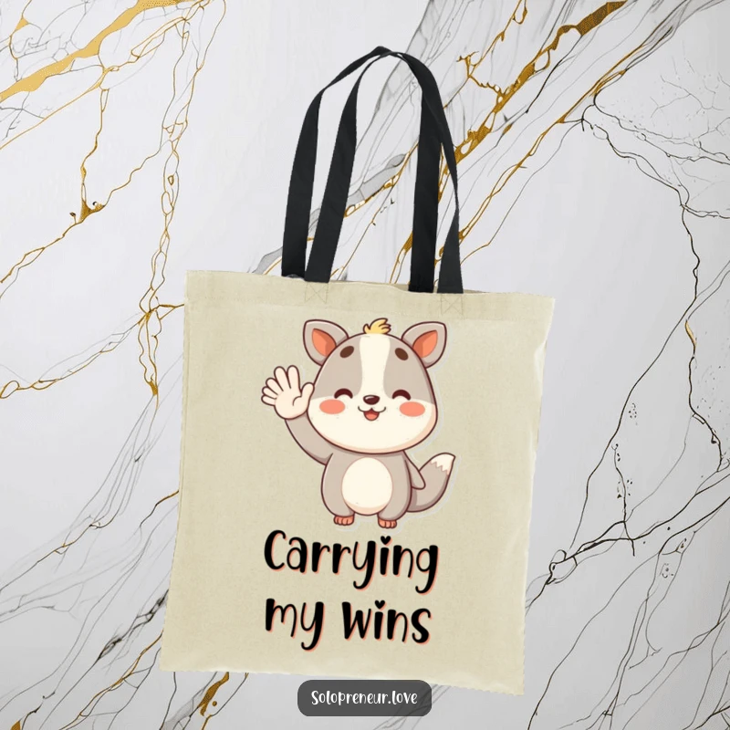 Funny tote bag featuring a successful animal character waving triumphantly, symbolizing achievements and happiness.