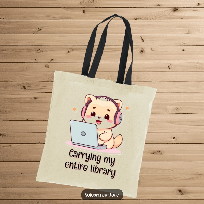 Funny Techie Creature Tote Bag: Durable bag featuring a character with headphones typing on a laptop, ready for adventures.