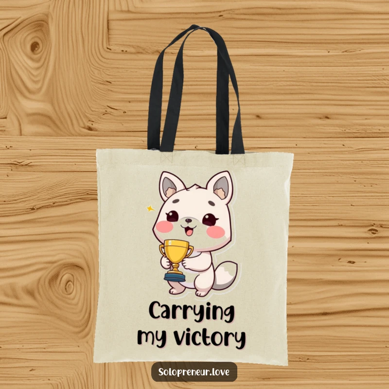 Funny tote bag featuring a beaming animal character holding a tiny trophy, celebrating a hilarious, proud moment.