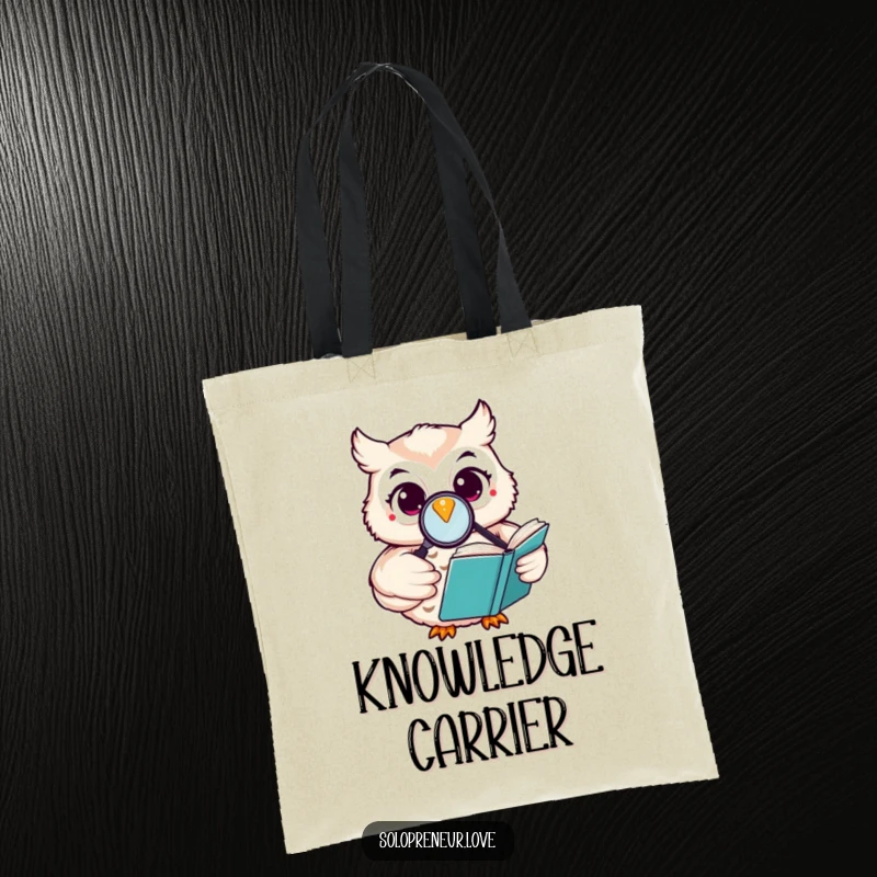 Funny happy owl tote bag featuring a character reading a book with a magnifying glass, ideal for carrying books with wisdom.
