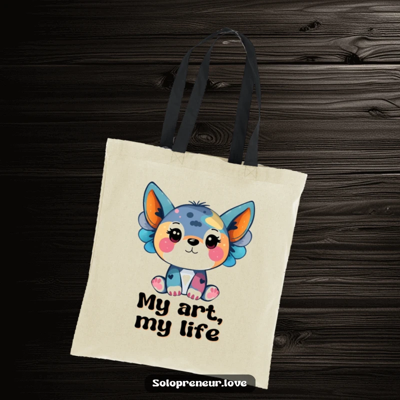 Funny tote bag featuring an animal character painting abstract art, practical for carrying supplies with artistic flair.