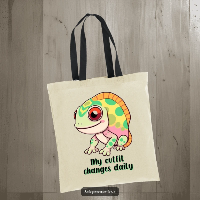 Funny chameleon tote bag displaying a smiling character with rapid color shifts, a practical and humorous accessory for shopping and daily use.